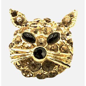Vintage Rhinestone Cat Brooch Topaz Black Kitty Feline Figural Pin Costume Jewel